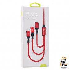 BENKS 3IN1 MULTIPLE NYLON USB CABLE TYPE-C+2 LIGHTNING 150CM RED